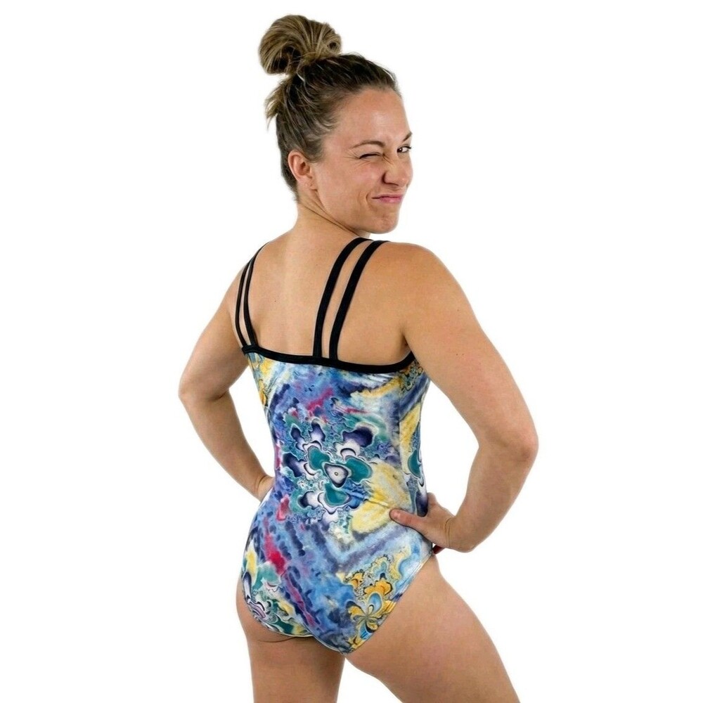 GK Elite VTG Kaleidoscope Strappy Velvet Tank Leotard Multicolor Size AL Adult L